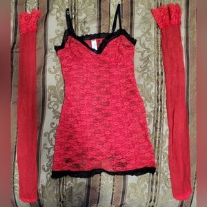Secret Treasures Sleep Red Nighty  Lace Sexy w/ Matching Lace Stockings (S/4-6)